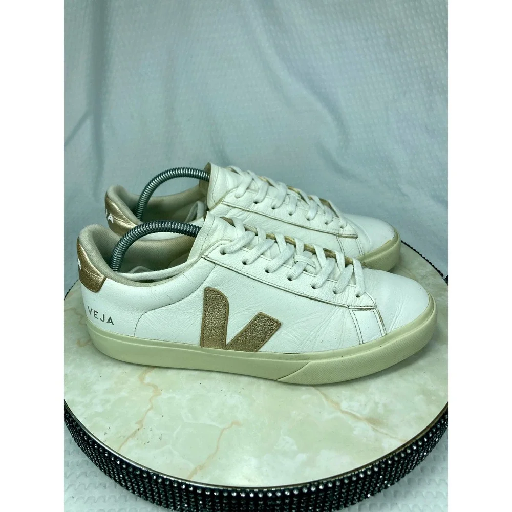 Veja Esplar Metallic Leather Shoes Women 9.5 Gold White Low Top Lace Up Sneakers